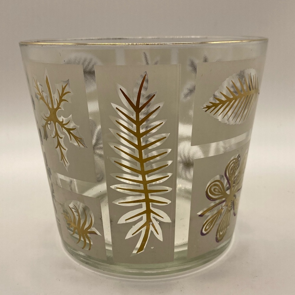 Vintage mid century glass ice bucket clear and frosted glass gold leaves.